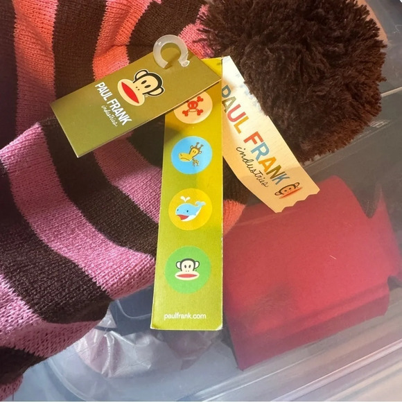 NWT RARE Y2K Paul Frank Kids Pink and Brown ‎ Striped Beanie Hat Brim Pom Pom - Picture 5 of 9